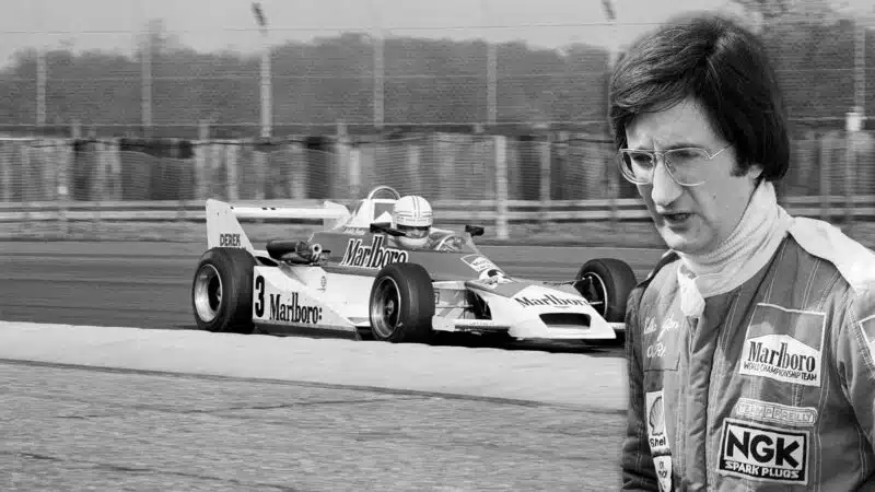 Eddie Jordan in Silverstone F3 race and inset in racing overalls