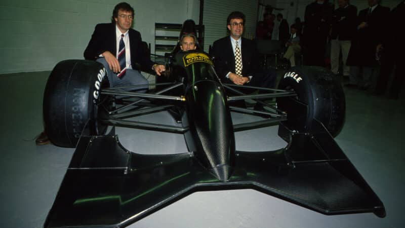 Eddie Jordan with Gary Anderson and John Watson at launch of Jordan 191 car
