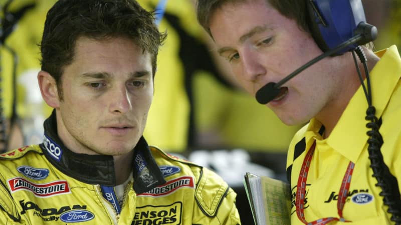 Giancarlo Fisichella Jordan with engineer Rob Smedley Brazilian GP trophy 2003