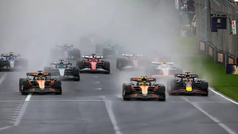 Lando Norris leads at the start of the 2025 F1 Australian Grand Prix