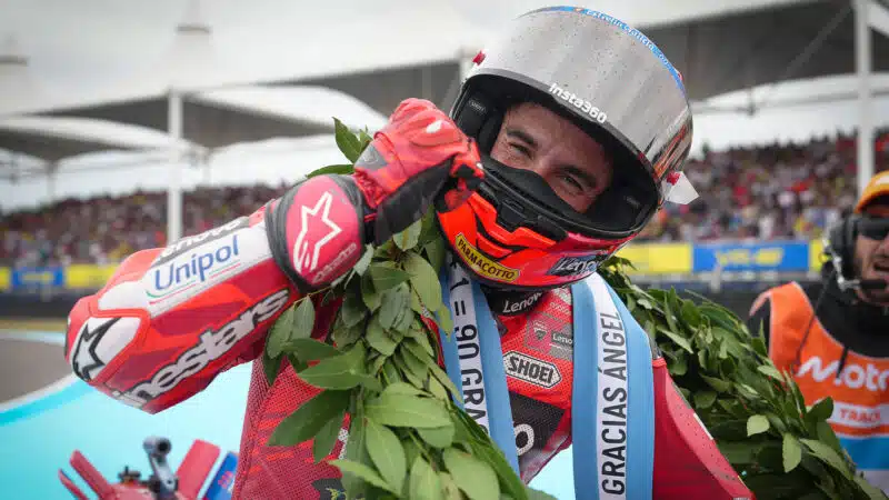 Marc Marquez in Angel Nieto laurel after winning 2025 MotoGP Argentine Grand Prix