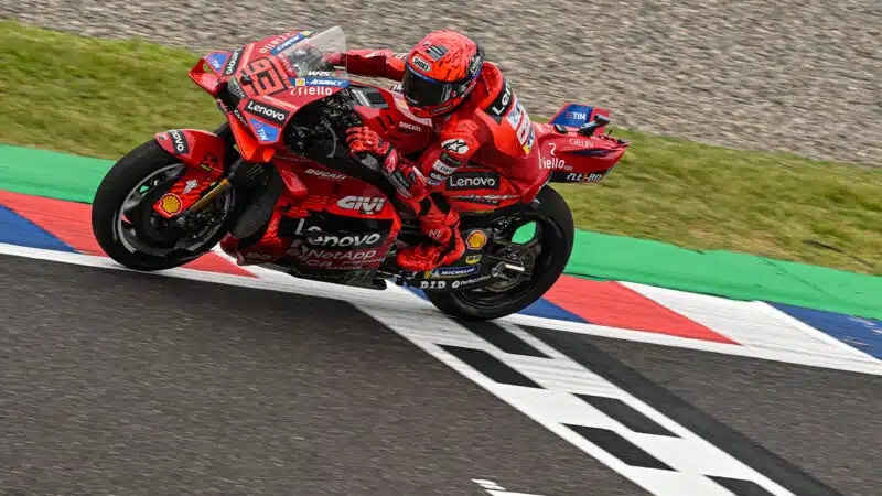 Mark Marquez crosses the start-finish line in 2025 MotoGP Argentine GP