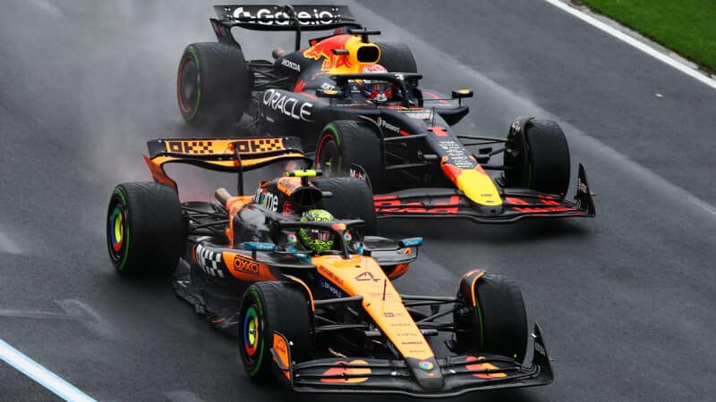 Max Verstappen pulls alongside Lando Norris in 2025 F1 Australian Grand Prix