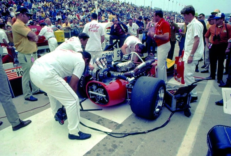Mechanics look at ford V8 engine of AJ Foyt at the 1970 Indy 500