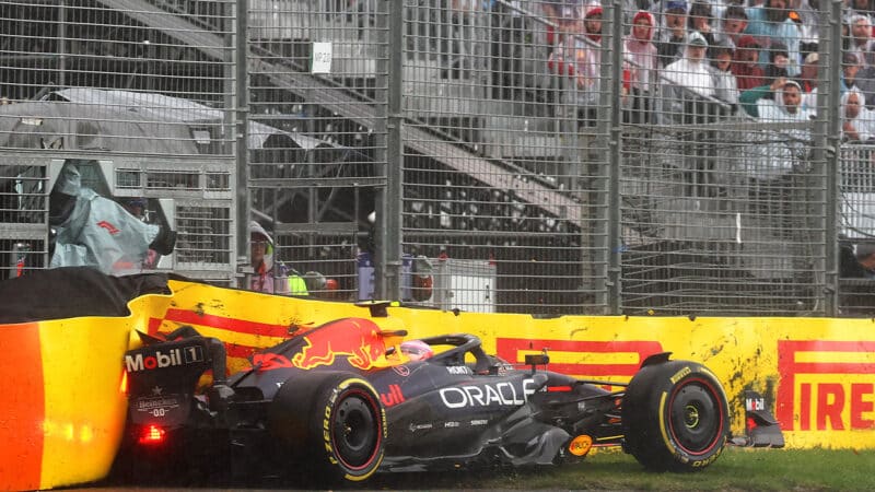 Red Bull of Liam Lawson crashes into barrier during the 2025 F1 Australian Grand Prix