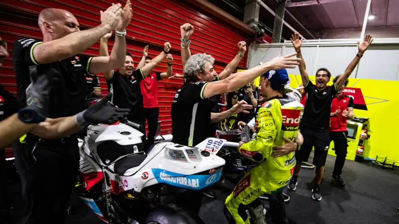 VR46 team celebrate with Franco Morbidelli after podium finish at 2025 MotoGP Argentine GP